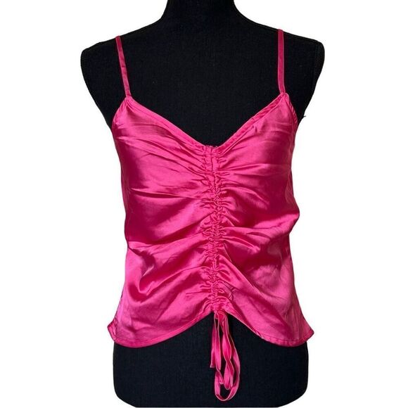 NWT Japna Satin HOT PINK Spaghetti Strap Front Ruches Cami Tank Top Sz Medium - Picture 1 of 7